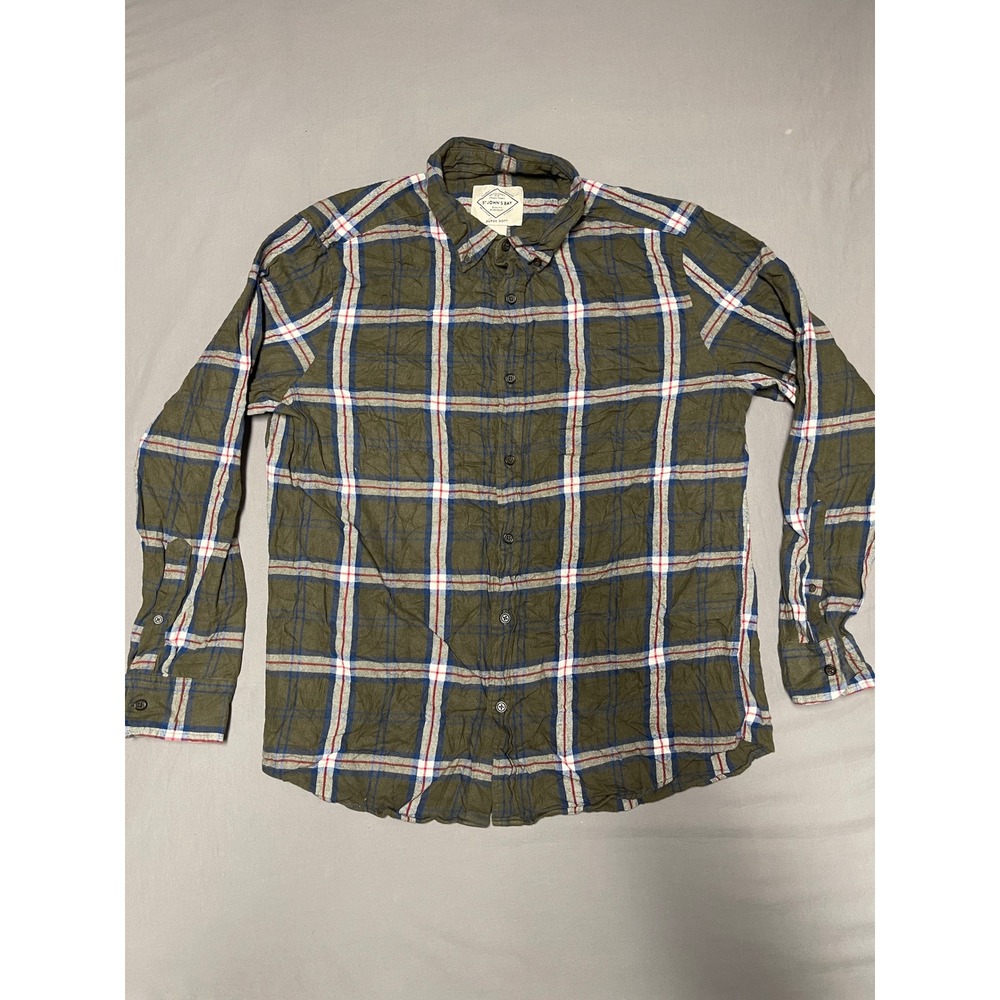 St Johns Bay Mens Large Olive Green Plaid Super Soft Cotton Flannel Shirt L